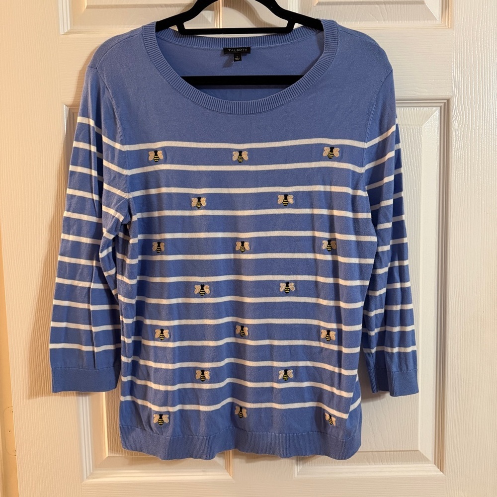 Talbots Light Blue Knit Sweater w/ Embroidered Bumblebees